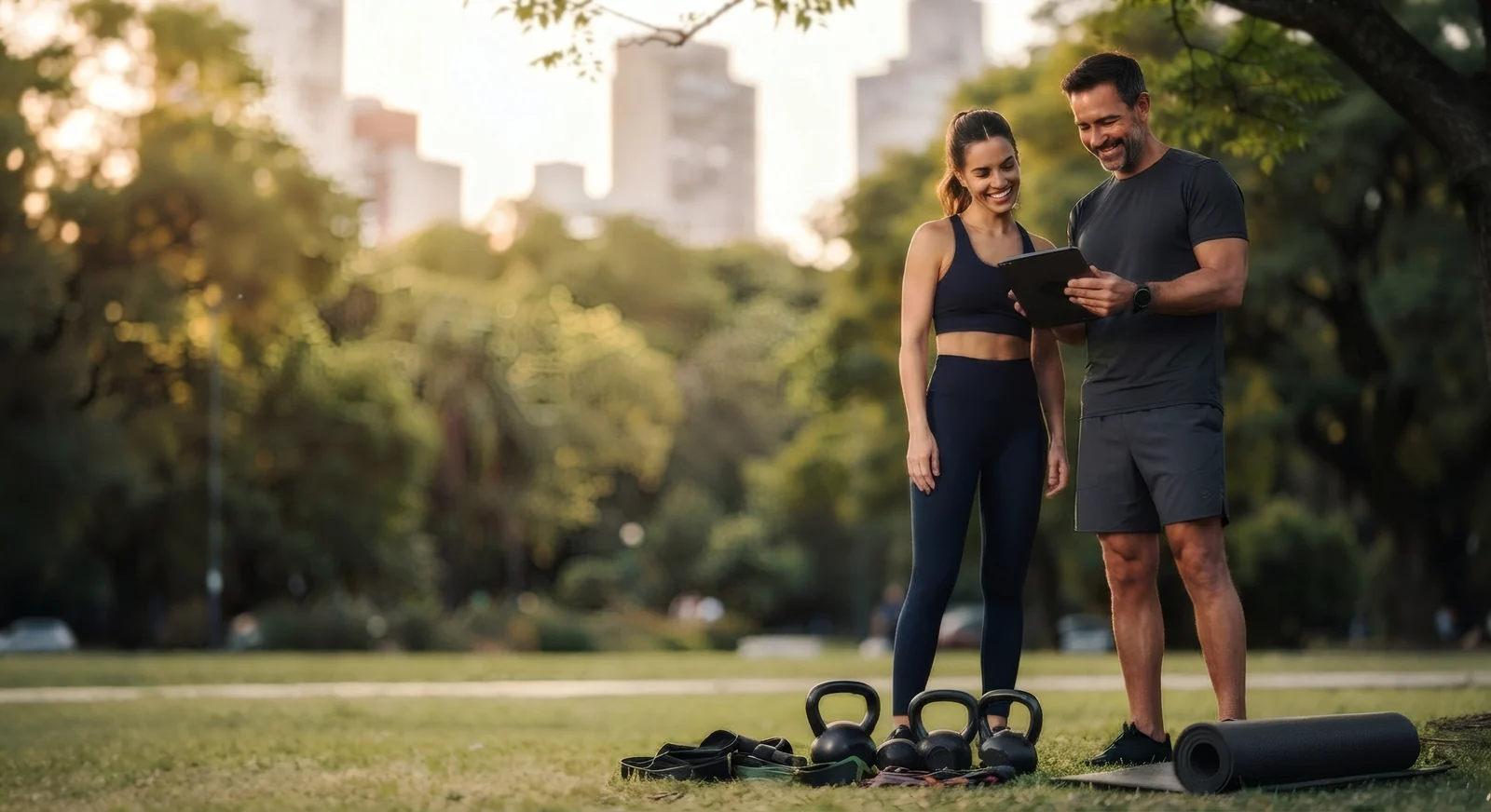 Entrenadora y cliente revisando el plan de entrenamiento en un parque de Buenos Aires