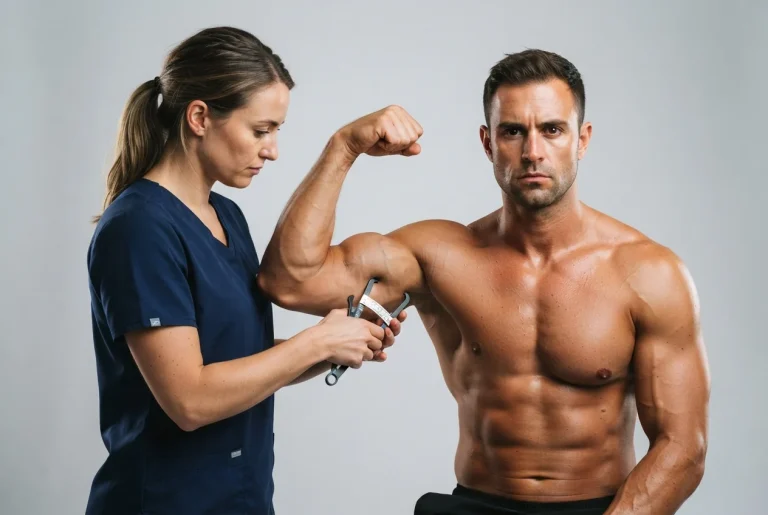 Evaluación de antropometría en el brazo de un atleta mediante calibre técnico con BsAs Personal Trainer.
