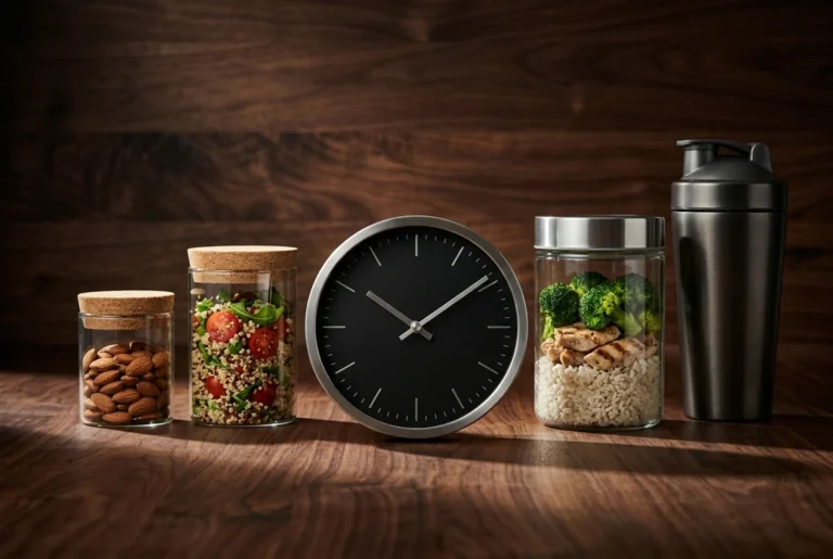Reloj de diseño y elementos de nutrición para representar el ayuno intermitente en la transformación corporal.