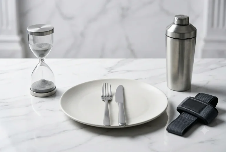 Un plato vacío de cerámica blanca mate y un reloj de arena para evitar riesgos con los ayunos intermitentes.