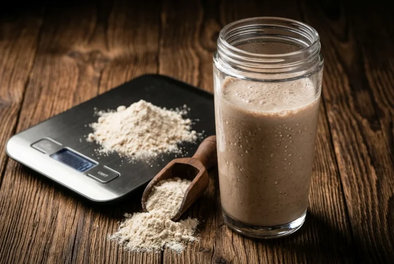Shaker deportivo y suplementación sobre la mesa evaluando el impacto de los batidos de proteínas en la composición corporal.