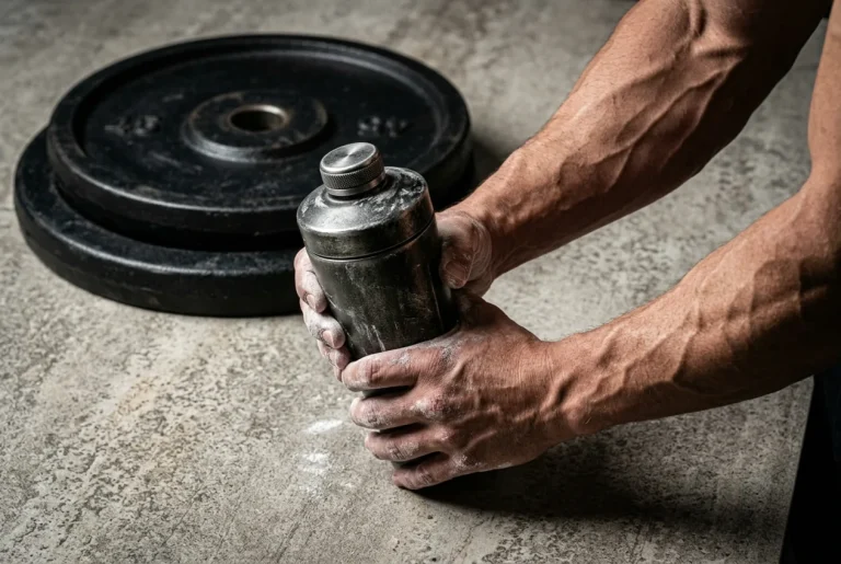 Un atleta enfocado preparando su batidor metálico junto a discos de peso olímpicos para potenciar su fase de bulking.