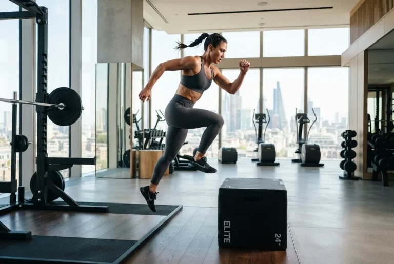 Atleta mujer en circuito de alta intensidad con técnica precisa en centro premium BsAs.