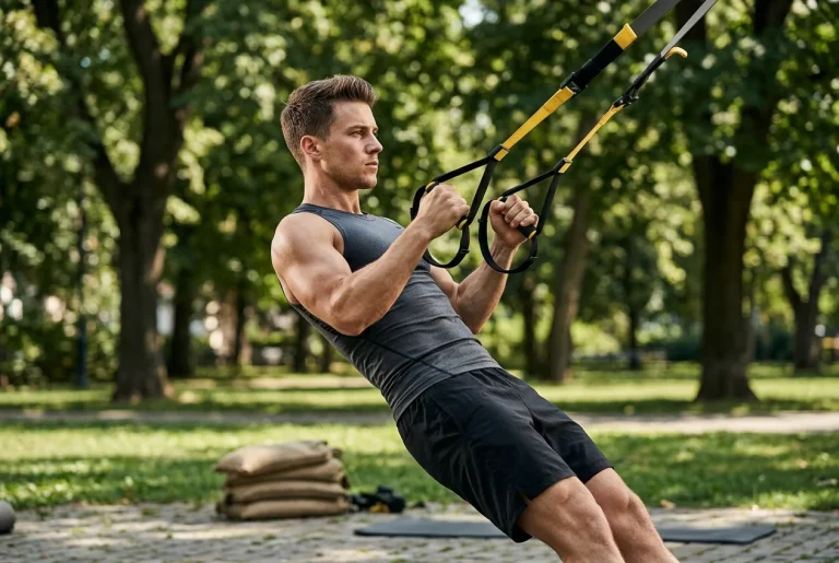 Joven entrenando con TRX en una plaza para combatir enfermedades metabólicas y ganar fuerza muscular.