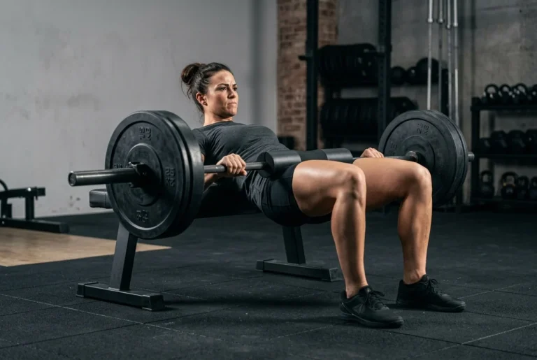 Atleta ejecutando hip thrust pesado con barra para aprender cómo ganar masa muscular en la cadena posterior.
