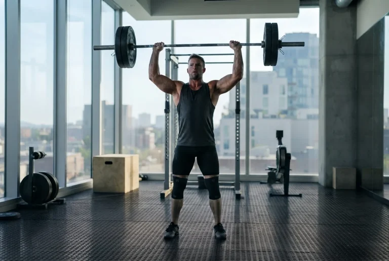 Atleta entrenando en gimnasio premium con luz natural para mejorar su musculación estética.