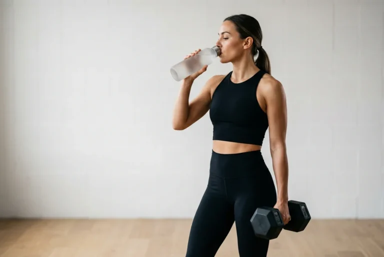 Atleta hidratándose con agua durante el entrenamiento para optimizar el consumo de líquidos y la salud.