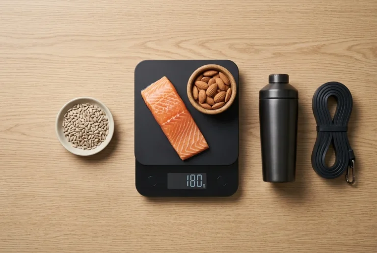 Plato minimalista con alimentos magros y una balanza de precisión para calcular un déficit calórico eficiente.