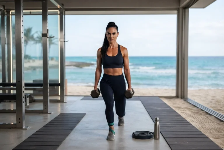 Mujer entrenando en playa para controlar la diabetes mellitus.