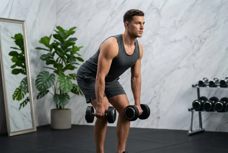 Persona entrenando fuerza en un gimnasio privado para controlar la diabetes tipo II y mejorar la masa muscular.