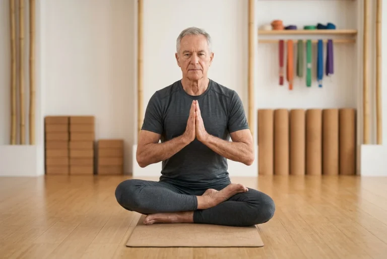 Hombre mayor practicando yoga en un centro especializado para obtener el efecto terapéutico del ejercicio.
