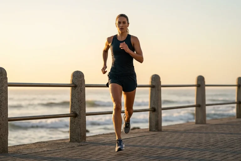 Joven trotando en el mar para mejorar la capacidad cardiorrespiratoria y prevenir la diabetes 2.