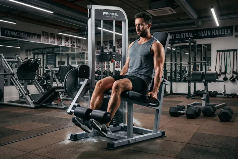 Atleta ejecutando un ejercicio localizado de fuerza en máquina para combatir el Síndrome Metabólico.
