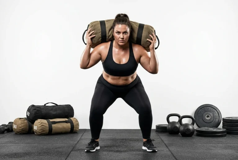 Una persona realizando sentadillas con peso en un gimnasio para combatir la obesidad y ganar fuerza.