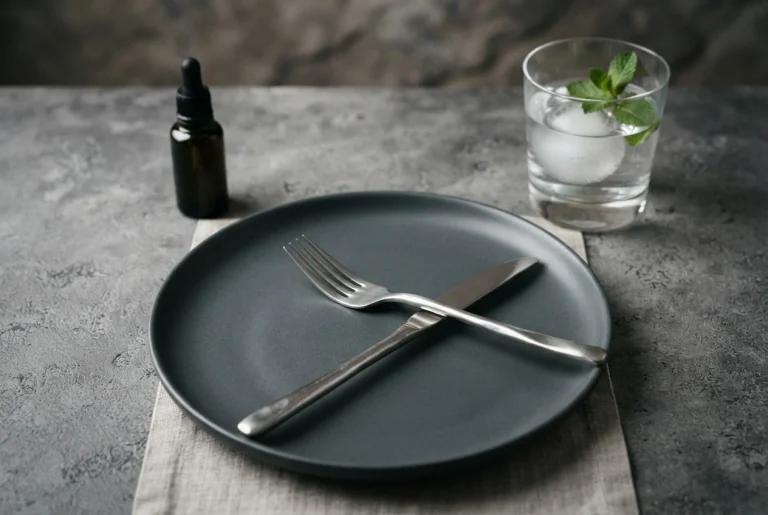 Reloj despertador minimalista al lado de un plato vacío con un tenedor y un cuchillo cruzados para ilustrar el ayuno intermitente.