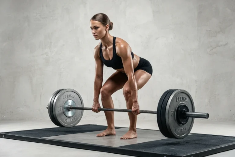 Atleta ejecutando entrenamiento de fuerza en mujeres con barra olímpica para mejorar la composición corporal y la salud.