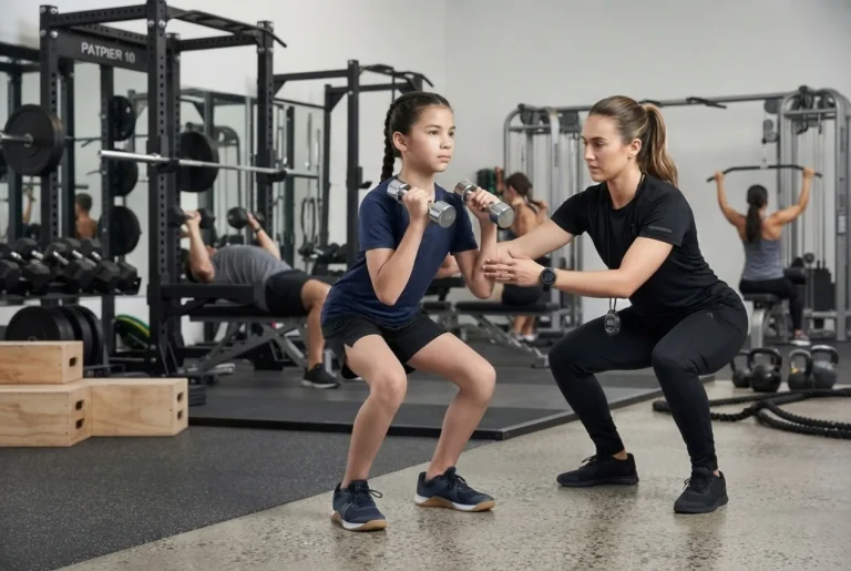 Joven atleta aprendiendo la mecánica básica del entrenamiento de fuerza bajo la guía de un profesional.