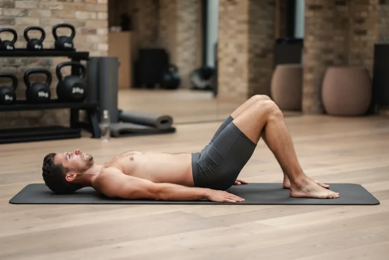 Atleta realizando entrenamiento postural global acostado en un centro de alta gama.