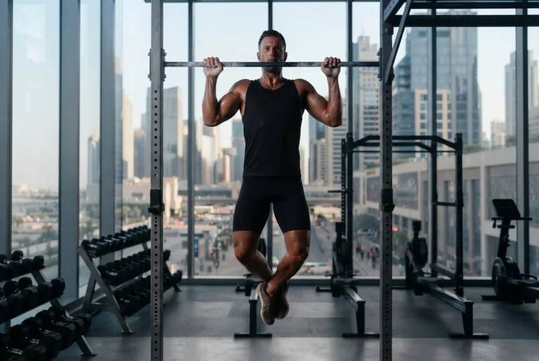 Atleta realizando dominadas en gimnasio premium para maximizar hipertrofia.