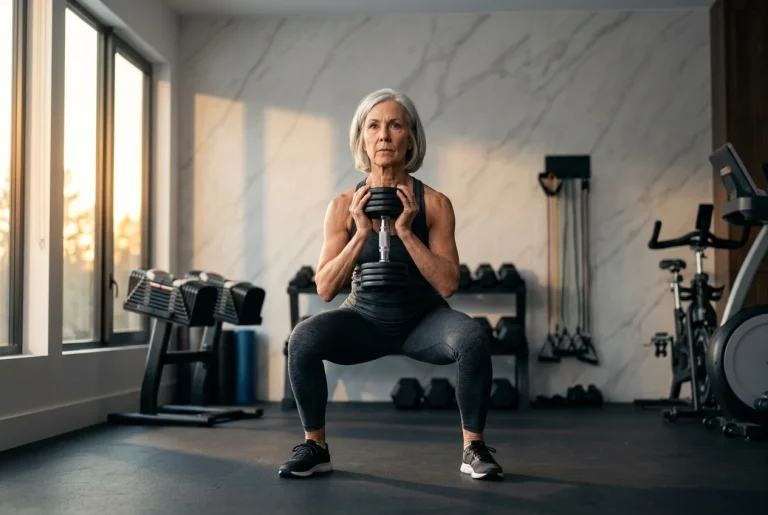 Adulto mayor entrenando fuerza en su hogar para revertir la insulino resistencia y ganar masa muscular.