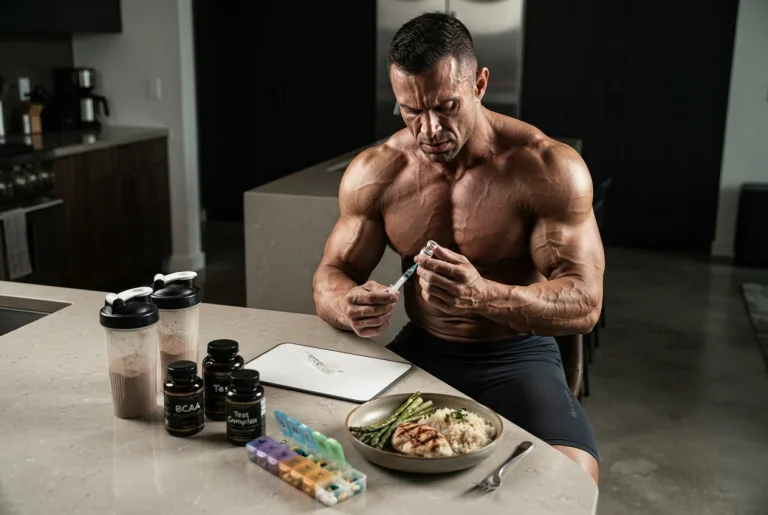 Atleta culturista en su cocina con suplementos y riesgos de los esteroides anabólicos.
