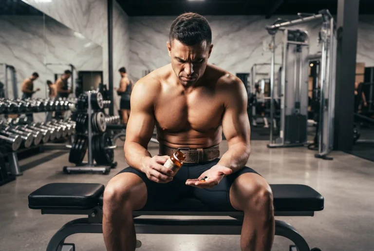 Atleta en un gimnasio premium considerando el uso de pastillas, representando los riesgos de los anabólicos esteroides.