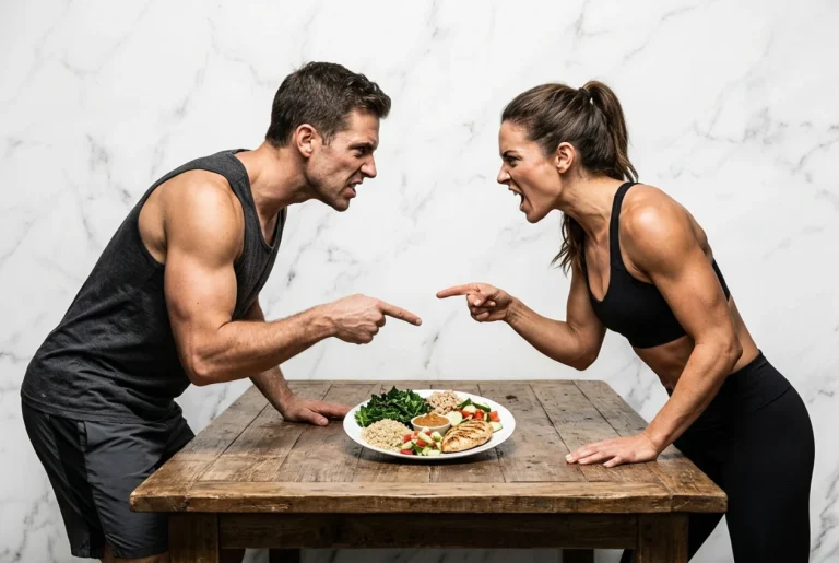Dos atletas discutiendo acaloradamente sobre un plato de comida, ejemplificando el fanatismo en la alimentación.