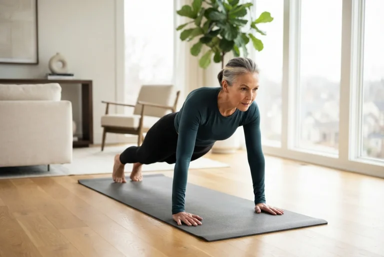 Señora mayor realizando flexiones de brazos en su domicilio para mejorar su salud muscular y metabólica.