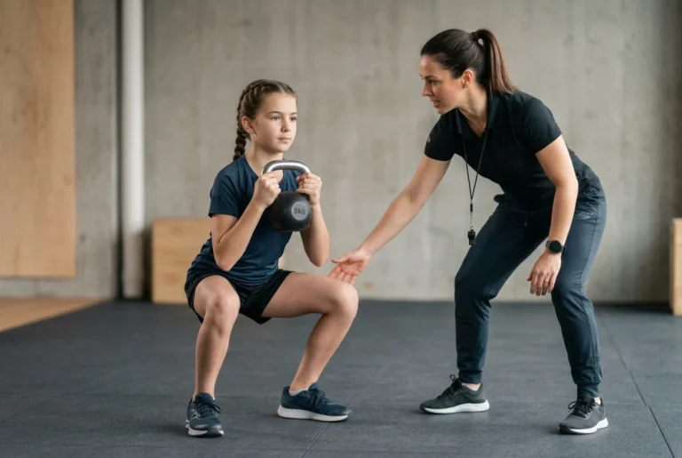 Joven atleta realizando un ejercicio de fuerza en niños supervisado para mejorar la densidad mineral ósea.