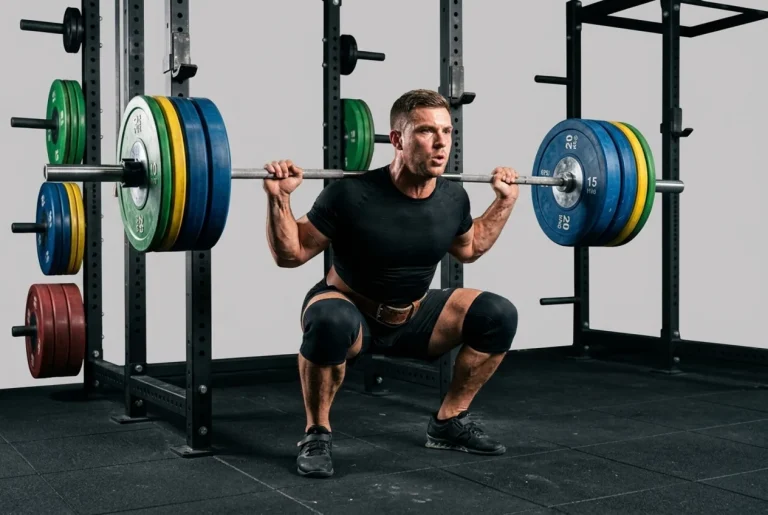 Atleta ejecutando entrenamiento de fuerza con barra para optimizar cómo ganar masa muscular con técnica impecable.