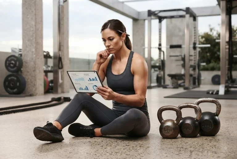 Atleta analizando su gasto energético diario mediante un plan de entrenamiento de fuerza estratégico.