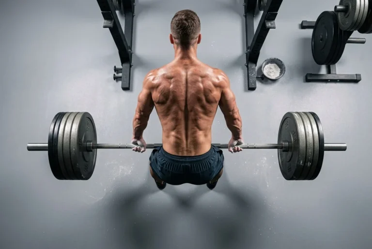 Atleta de élite ejecutando un peso muerto pesado con técnica perfecta para maximizar la hipertrofia para avanzados.