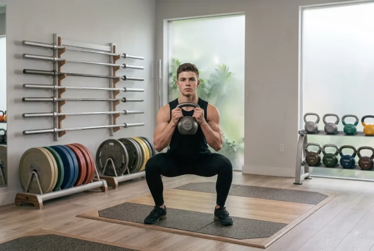 Atleta principiante ejecutando una sentadilla con barra guiada para aprender hipertrofia para principiantes con técnica correcta.