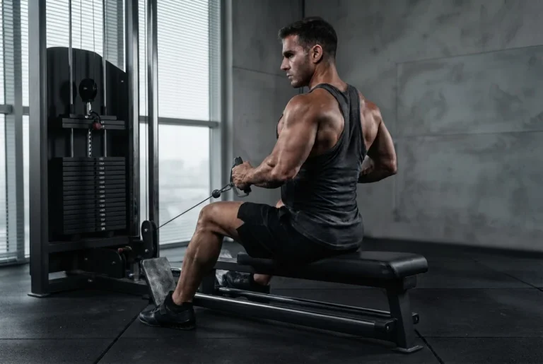 Atleta ejecutando remo en polea alta para incrementar la masa muscular aplicando métodos de alta intensidad.