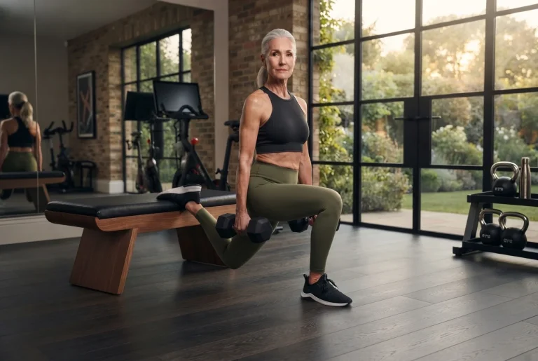 Atleta ejecutando un ejercicio de fuerza con pesas para estimular la densidad ósea y combatir la osteoporosis.