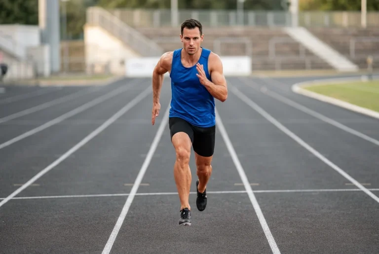 Corredor en pista de atletismo estimulando la producción de óxido nítrico para mejorar la salud cardiovascular.