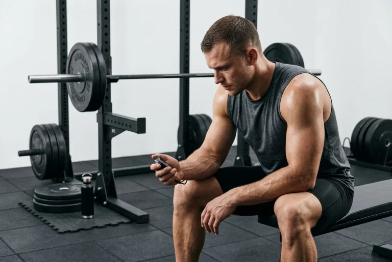 Atleta cronometrando sus pausas de recuperación entre series pesadas para maximizar la ganar masa muscular.