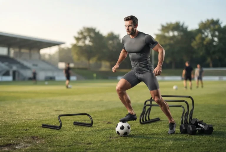 Atleta entrenando con pelota de fútbol en un campo para mejorar su rendimiento en fútbol con BsAs Personal Trainer.
