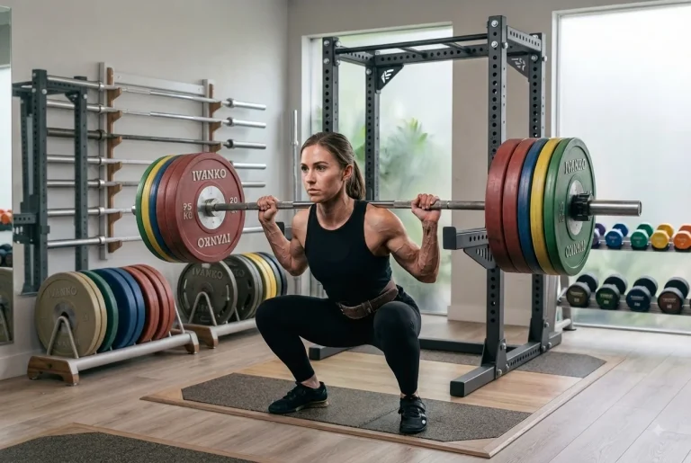 Atleta femenina ejecutando sentadillas profundas para evaluar su repetición máxima con técnica impecable.