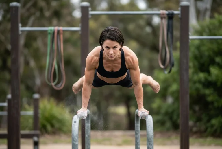 Mujer haciendo calistenia en parque activando su músculo esquelético para salud metabólica.