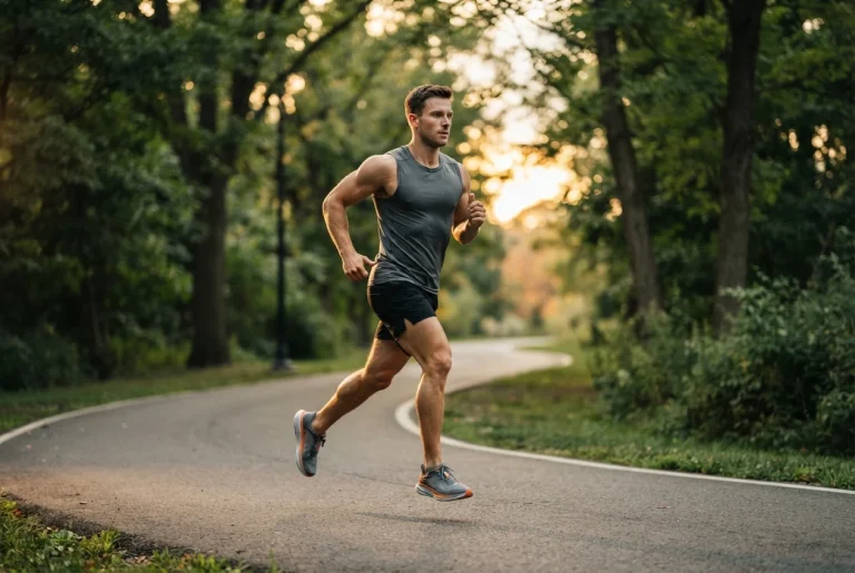 Atleta corriendo en un parque al atardecer para potenciar la restitución energética.