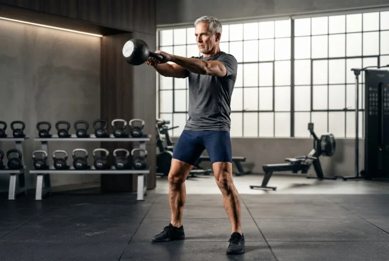 Atleta adulto mayor ejecutando fuerza con kettlebell para combatir la sarcopenia y mantener la independencia funcional.