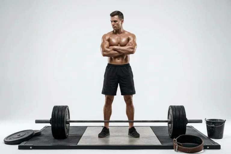 Atleta analizando la disciplina necesaria al pensar si tomase esteroide para lograr desarrollo muscular natural.