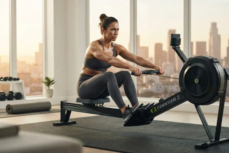Atleta mujer entrenando intensamente en remo ergómetro en su domicilio para mejorar sus sistemas de energía.