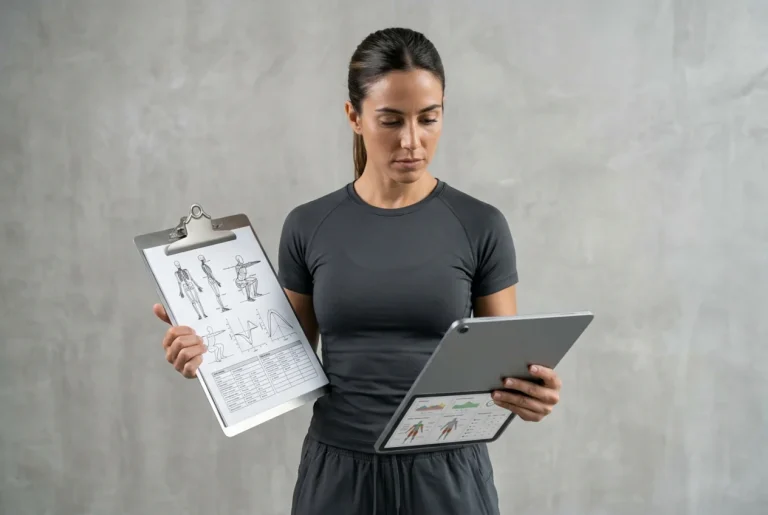 Entrenador revisando una tabla de planificación biomecánica mostrando los requerimientos para ser buen entrenador.