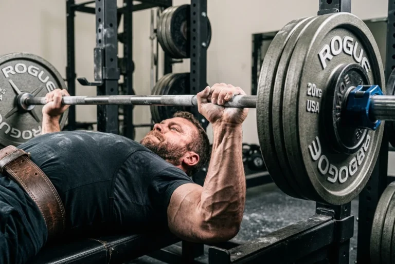 Atleta concentrado ejecutando una Top Set con barra pesada para superar estancamientos en el gimnasio.