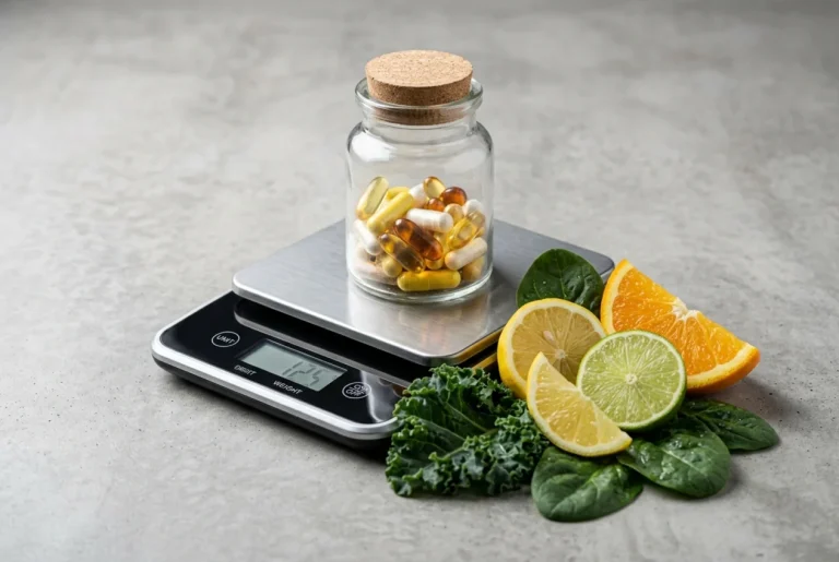 Frasco de suplementación y báscula analizando el mito de si las vitaminas engordan en el estilo de vida.